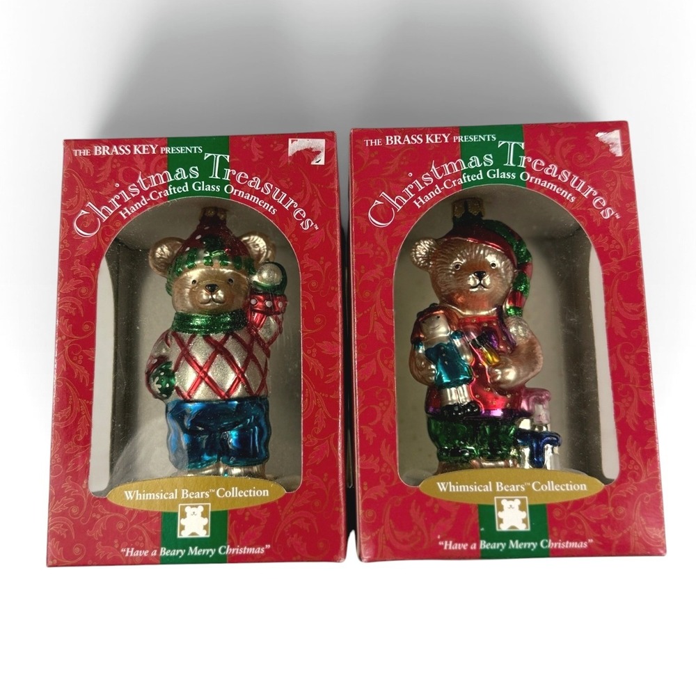 Brass Key Whimsical Bears Glass Ornaments Santa's Helper Snowball Fun LOT OF 2